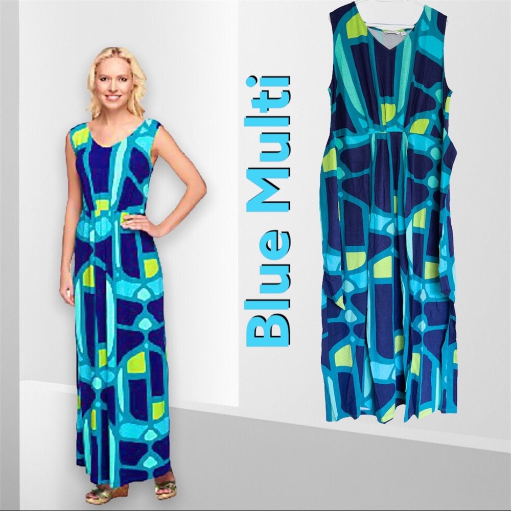 Isaac Mizrahi Live! Regular Mosaic Print Maxi Dress, NWT XL A253149 BLUE MULTI